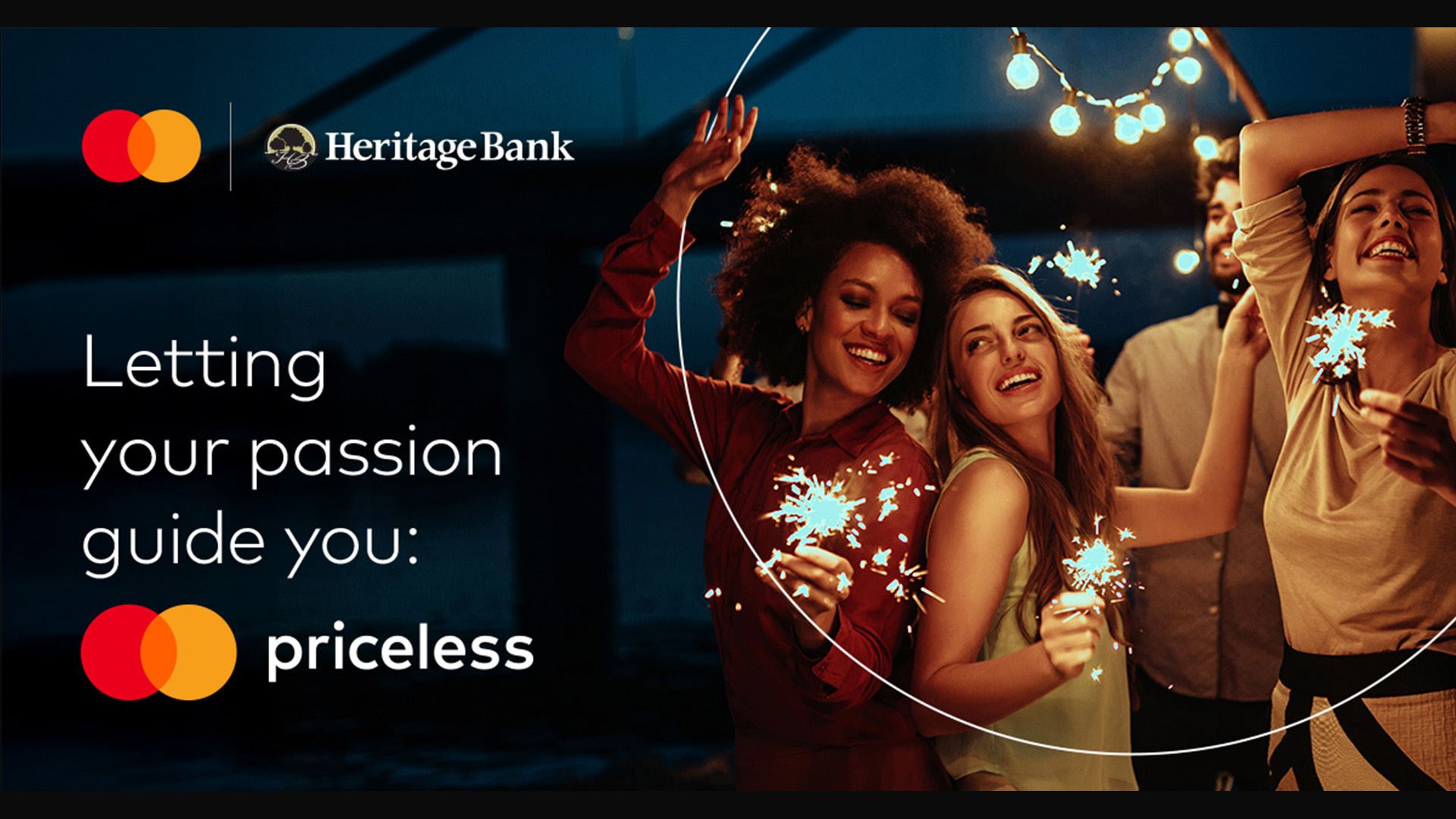 Mastercard usage promo happy people celebrating with sparklers against a dark sky